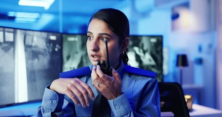 Poster - Surveillance, security guard and woman with radio, talking and inspection of crime on screen and night. Control room, law enforcement and person with tech for communication, footage and protection