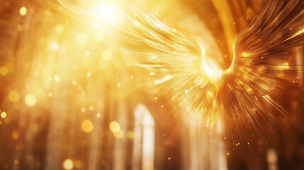 Wall Mural - Macro image of light beams breaking through angel wings in a glowing cathedral space.
