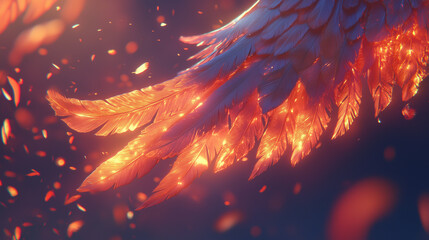 Wall Mural - Detailed view of glowing feathers slowly drifting from a wing in still air.