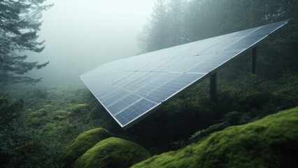 A solar panel array nestled in a foggy, moss-laden forest. This image showcases the harmony between renewable technology and lush natural environments