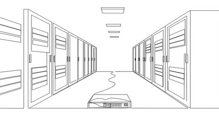 Minimalist server room line drawing with continuous black lines on white canvas