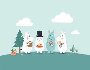 Wall Mural - Moomin-like Characters with Gifts on Green Hill