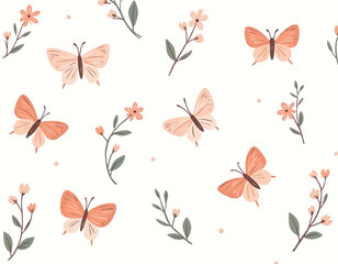 Wall Mural - Peach butterflies and flowers on white background