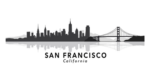 Wall Mural - San Francisco Skyline Silhouette with Golden Gate Bridge Reflection