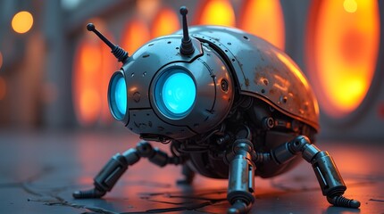 futuristic robot beetle close-up, glowing blue eyes, metallic texture. sci-fi concept, tech illustra