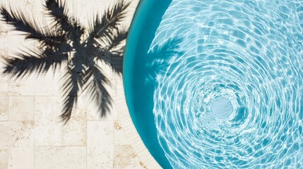 Wall Mural - tranquil summer scene with palm tree shadow on light stone surface and rippling turquoise swimming p