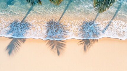 Wall Mural - serene tropical beach scene with gentle waves washing ashore, casting mesmerizing palm tree shadows 