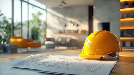 Modern construction plans featuring a safety helmet.