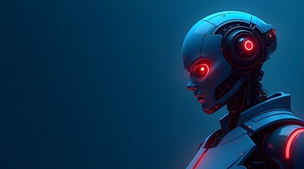 futuristic ai robot head, side profile, glowing red eyes, dark blue background. tech concept, innova