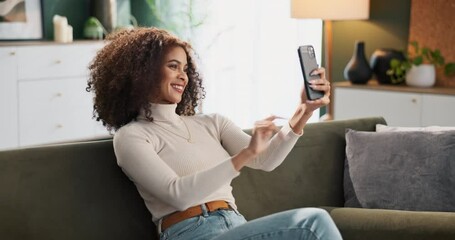 Poster - Happy woman, relax and sofa with selfie for photography, picture or memory in living room at home. Young female person with smile in relax for capture moment, post or snap on lounge couch at house