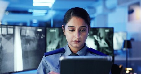 Poster - Security, safety officer and woman with tablet for cctv, thinking or problem solving at night. Guard, monitor station and technology in control room for surveillance, watch video and protection plan