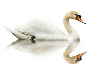 Poster - Swan gliding effortlessly over still water with perfect reflection on a serene white background