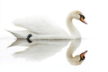 Poster - Swan gliding gracefully over tranquil water surface with stunning reflection against a bright white background