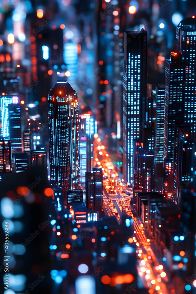 Illuminated nighttime model of a modern city highlights complex ...