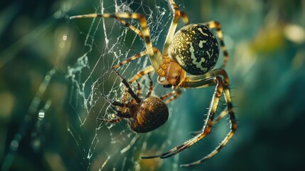 Two spiders are depicted on a delicate web in nature