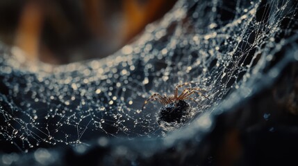 A macro photograph captures a spider and its dew covered web