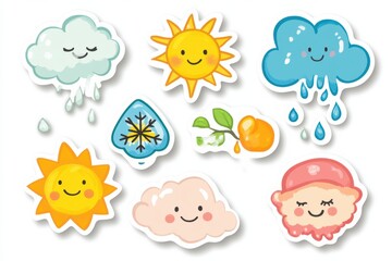 Poster - Weather-themed stickers featuring cute sun, cloud, rain, and snowflake icons on a white background for fun designs