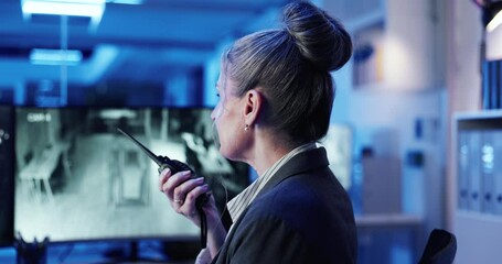 Poster - Communication, woman and radio in control room for protection, security service and back at night. Late, mature guard and tech in office for surveillance, contact and building safety update with CCTV