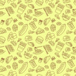 © Bagus Ali Purwanto - Seamless pattern of various fast food illustrations in black line art on a yellow background. Modern look suits casual food themes. Ideal for packaging, wrapping paper, or restaurant decorations.