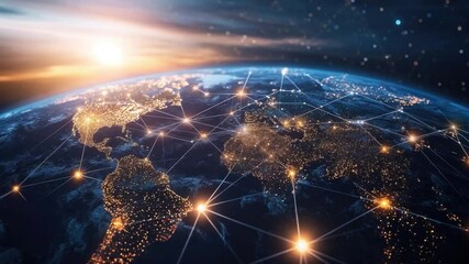 Wall Mural - stunning view of earth from space with global connectivity lines and bright city lights at sunset