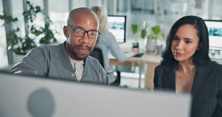 Leinwandbilder - Talking, colleagues and people with computer, review and collaboration for project in business and online. Teamwork, employees and media coordinator with tech for target audience, web and training