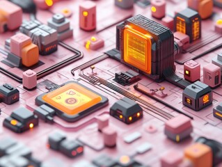 Fototapete - A 3D rendering of a microchip with circuitry and wires.