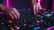 © EmmaStock - A professional DJ adjusting the knobs on a modern CDJ mixer, with vibrant stage lighting in the background, with copy space