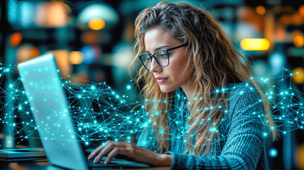 Digital professional with glasses focused on laptop surrounded by technology network visualization. Woman immersed in data analytics with glowing tech nodes and connection wireframes. Remote worker