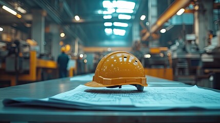 Safety helmet atop blueprints in a bustling factory.
