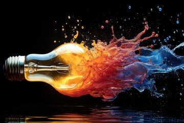 Wall Mural - dynamic splash of water and color from a light bulb immersed in liquid, showcasing creative energy