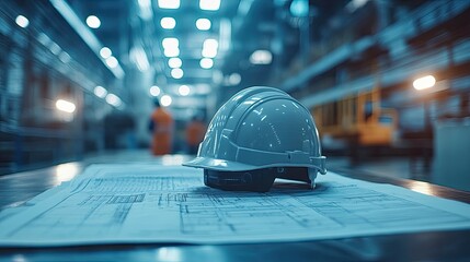 Safety helmet rests on blueprints within a factory.