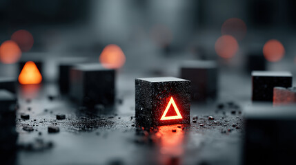Poster - glowing triangular symbol on dark cube stands out among other cubes, creating mysterious and futuristic atmosphere. scene suggests themes of technology and encryption