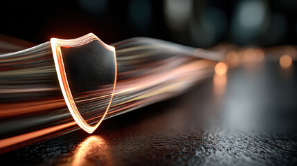 Aufkleber - glowing shield stands against blurred background, symbolizing cybersecurity and data protection. dynamic light trails convey sense of speed and technological advancement