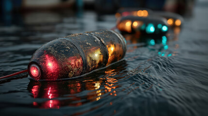 Aufkleber - Close up of water sensors on floating buoys with vibrant lights reflecting on water surface, creating futuristic and technological atmosphere