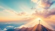 © Aekkachai - A serene mountaintop with a lone cross and heavenly light streaming through clouds