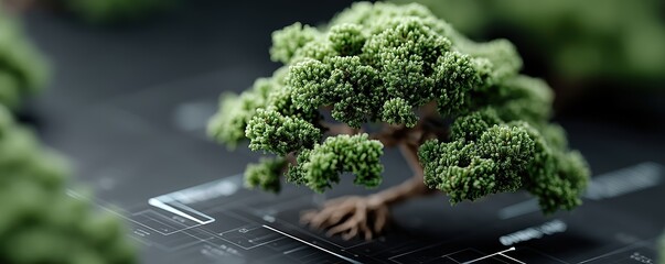 Close-up of a miniature bonsai tree with green foliage on a dark background