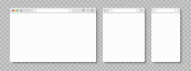 Fototapete - Browser web window mockup, simple blank web page frame, search in internet, template browser window on laptop computer, tablet and smartphone