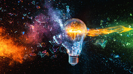 Fototapete - real explosion light bulb releasing colorful energy and glass shards