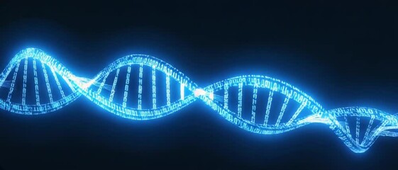 A glowing DNA helix made of binary code spins in digital space against a dark background. Concept of bioinformatics, digital genetics, and future of biotechnology.
