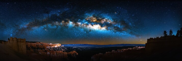 Stunning Panoramic View of the Milky Way Over Bryce Canyon in Utah: A Beautiful Astronomy Background of Black and Blue