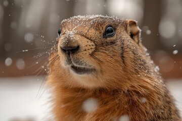squirrel gazes curiously as snowflakes fall in a winter forest setting during a chilly afternoon