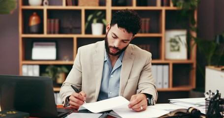 Poster - Documents, laptop and businessman writing for research, information or report on company budget. Computer, paperwork and male financial manager with signature for investment planning with contract.