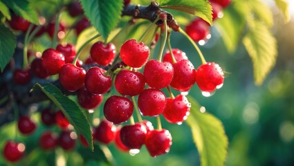 Red Ripe Cherry Berries Growing on Tree in Summer Garden