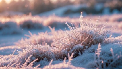 Wall Mural - Fragile blades of grass covered in frost, glimmering in the gentle light. This tranquil image showcases the beauty and cold of nature in a calm environment.