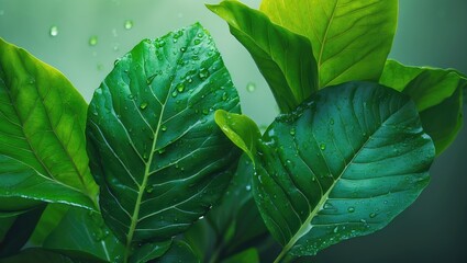 Wall Mural - close-up of a green leaf in nature. water drops indicating freshness. commitment to environmental ca