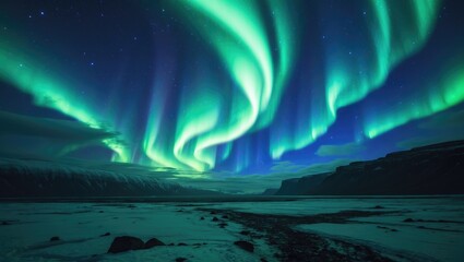 Wall Mural - Stunning northern lights or Aurora borealis illuminating the starry night sky.