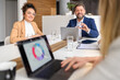 © Moon Safari - Smiling businessman and businesswoman looking at female colleague presenting report over laptop in meeting