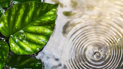 Wall Mural - close-up of a green leaf with water drops and rippling water surface in a peaceful natural setting