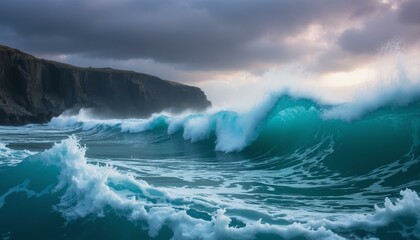  Turquoise waves crash on dark cliffs beneath a stormy lavender and indigo sky.