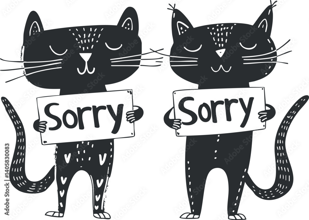 Two cute cartoon cats holding signs that say sorry, expressing a ...